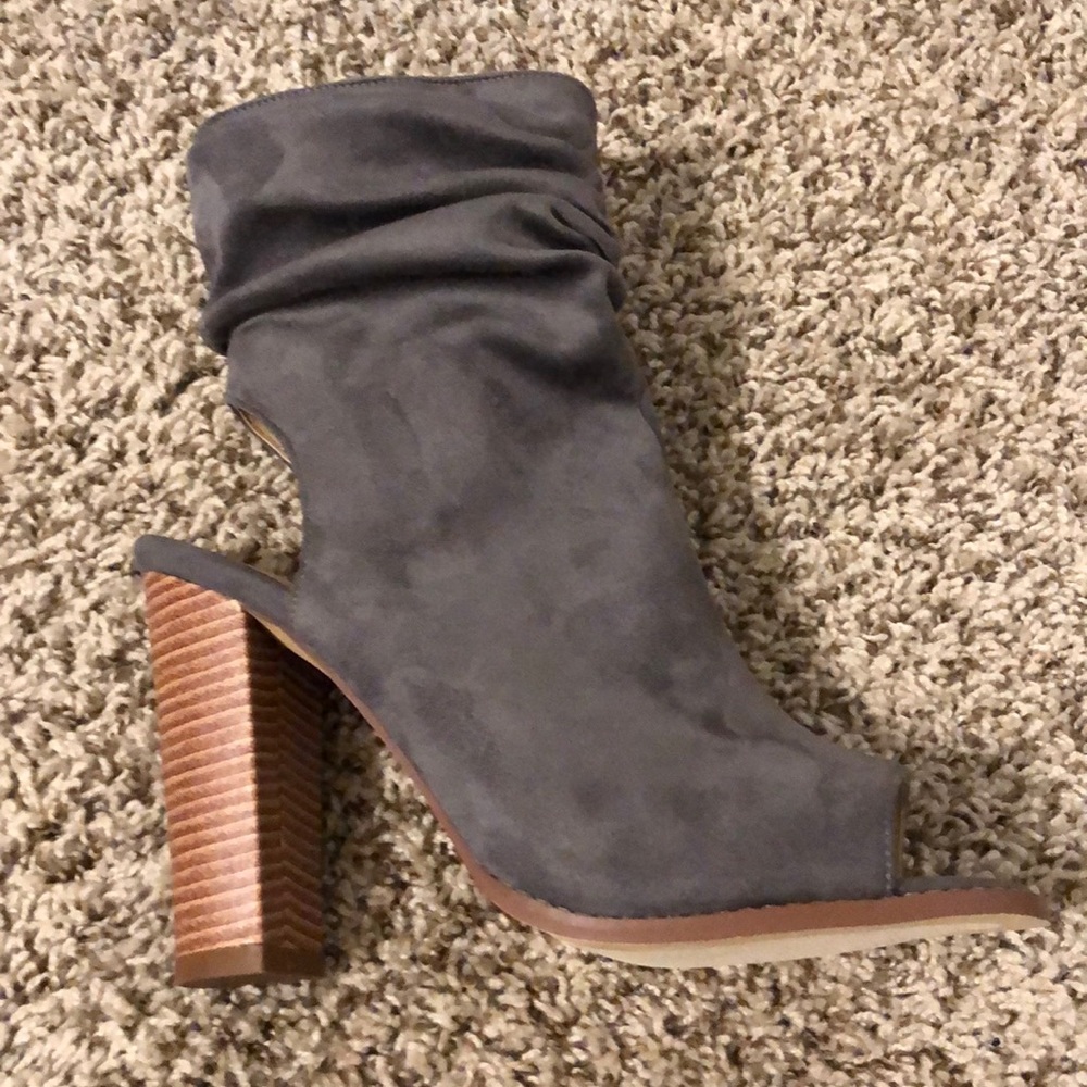 Liliana grey suede peep toe booties.